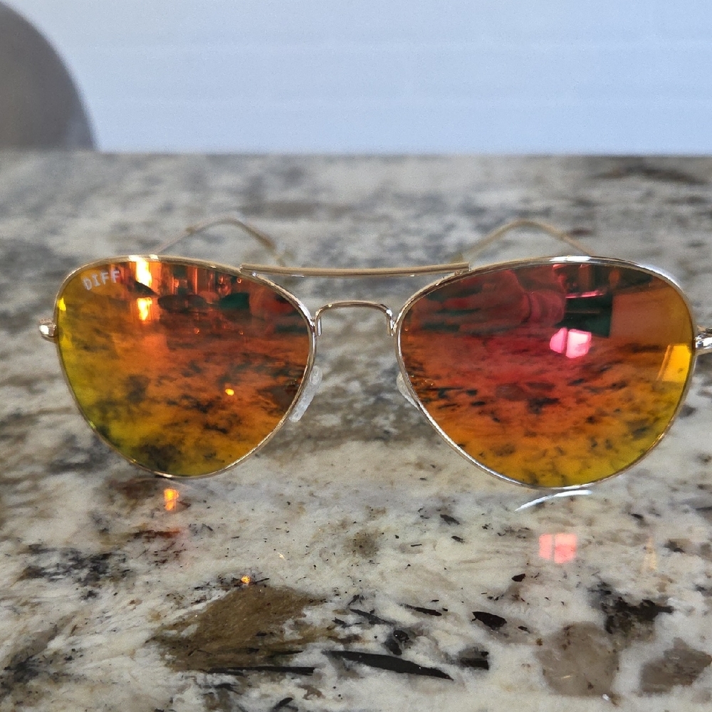DIFF Gold Aviator Sunglasses with Orange Lenses